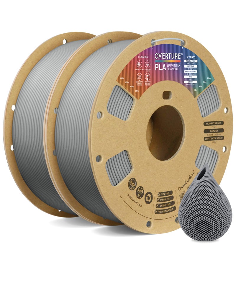 OVERTURE 2KG Bundle PLA Filament 1.75mm, Neatly Wound 3D Printer Filament 2 Pack 1kg Spool (2.2lbs), Dimensional Accuracy +/- 0.02 mm, Fit Most FDM 3D Printers (Light Gray 2-Pack) - Image 1